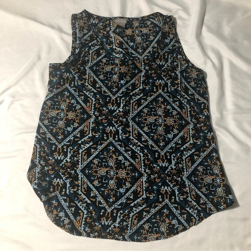 Chicos Sleeveless Top - Black Blue Gold Patterned - Size US 4-6